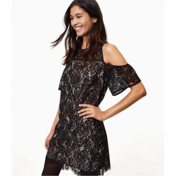 LOFT Boudoir Cold Shoulder Lace Dress Black - Picture 1 of 14